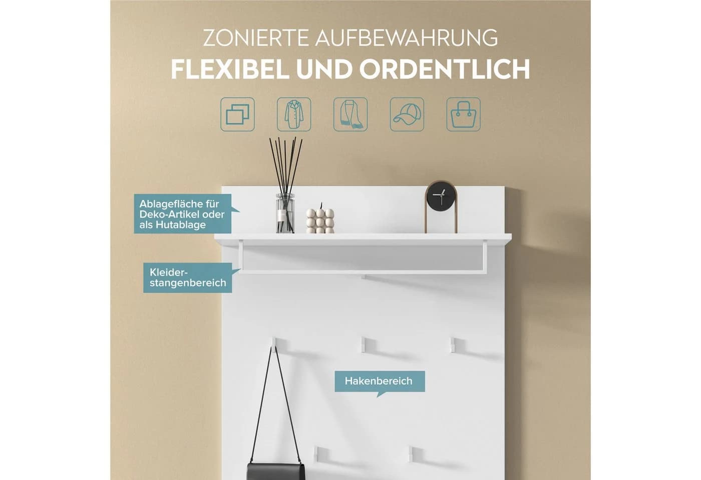 doporro Wandgarderobe mit 5 Haken und Ablage Matt weiß - Bild 5