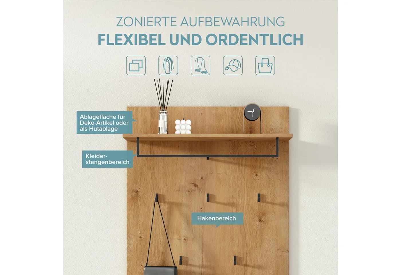 doporro Wandgarderobe mit 5 Haken und Ablage Braune Garderobenwand - Bild 5