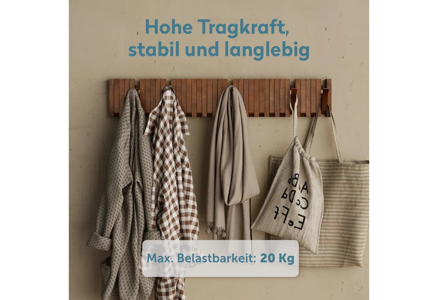 doporro Wandgarderobe mit 14 Haken aus Massivholz Matt Schwarz - Bild 5