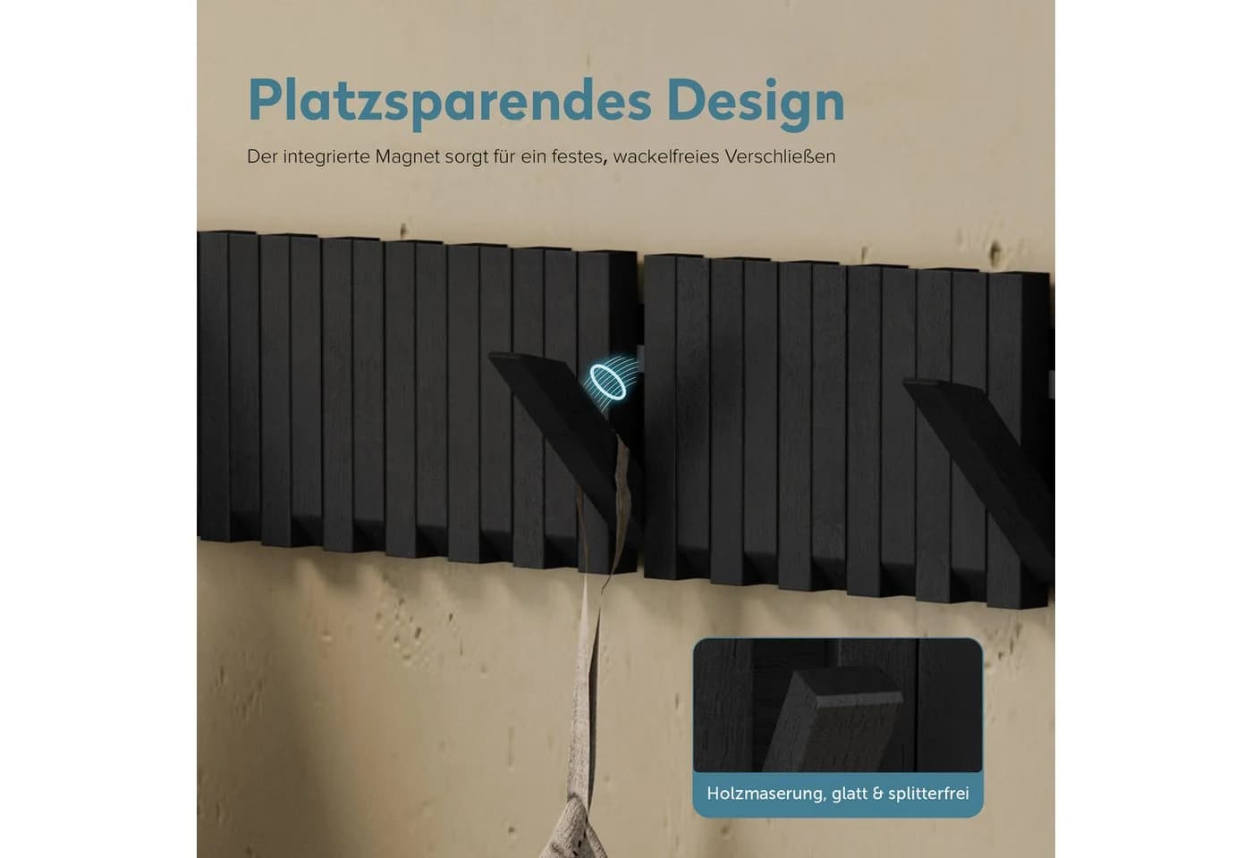 doporro Wandgarderobe mit 14 Haken aus Massivholz Schwarz