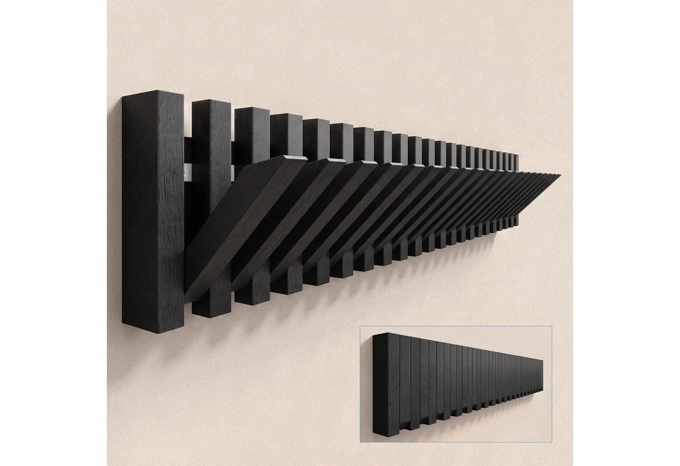 doporro Wandgarderobe mit 14 Haken aus Massivholz Schwarz - Bild 2