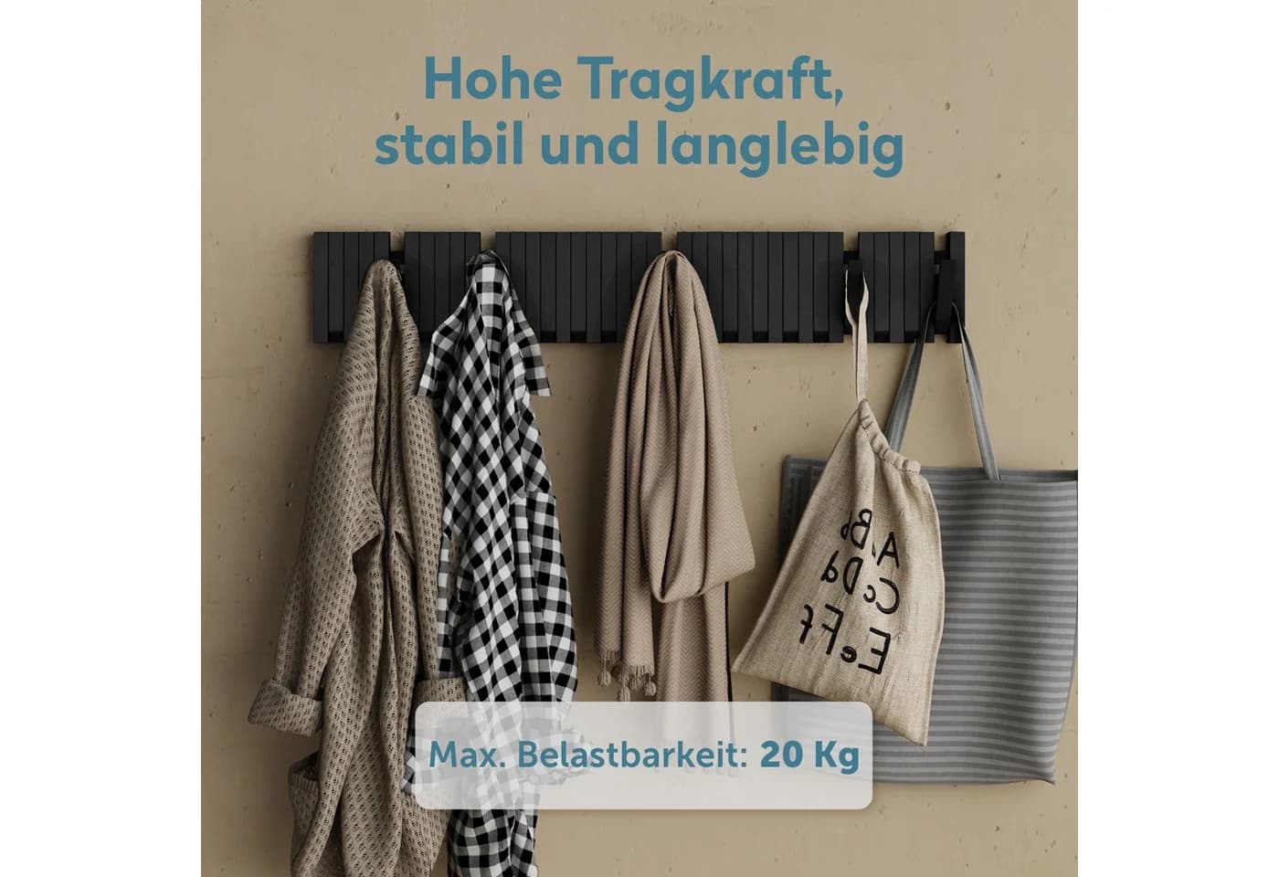 doporro Wandgarderobe mit 14 Haken aus Massivholz Schwarz - Bild 4