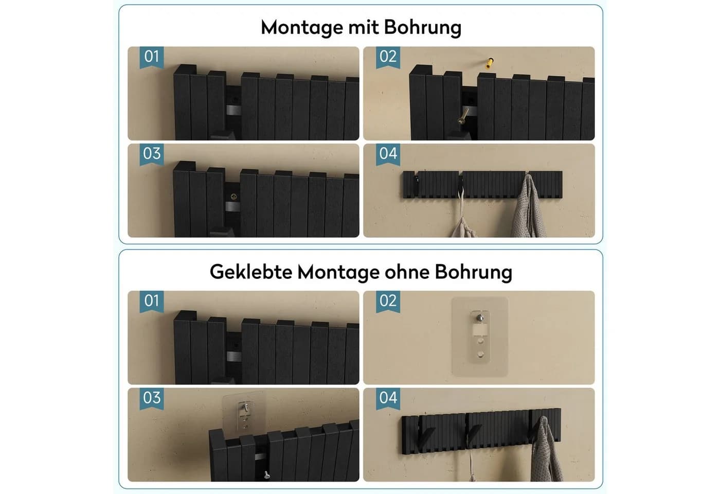 doporro Wandgarderobe mit 14 Haken aus Massivholz Schwarz - Bild 5