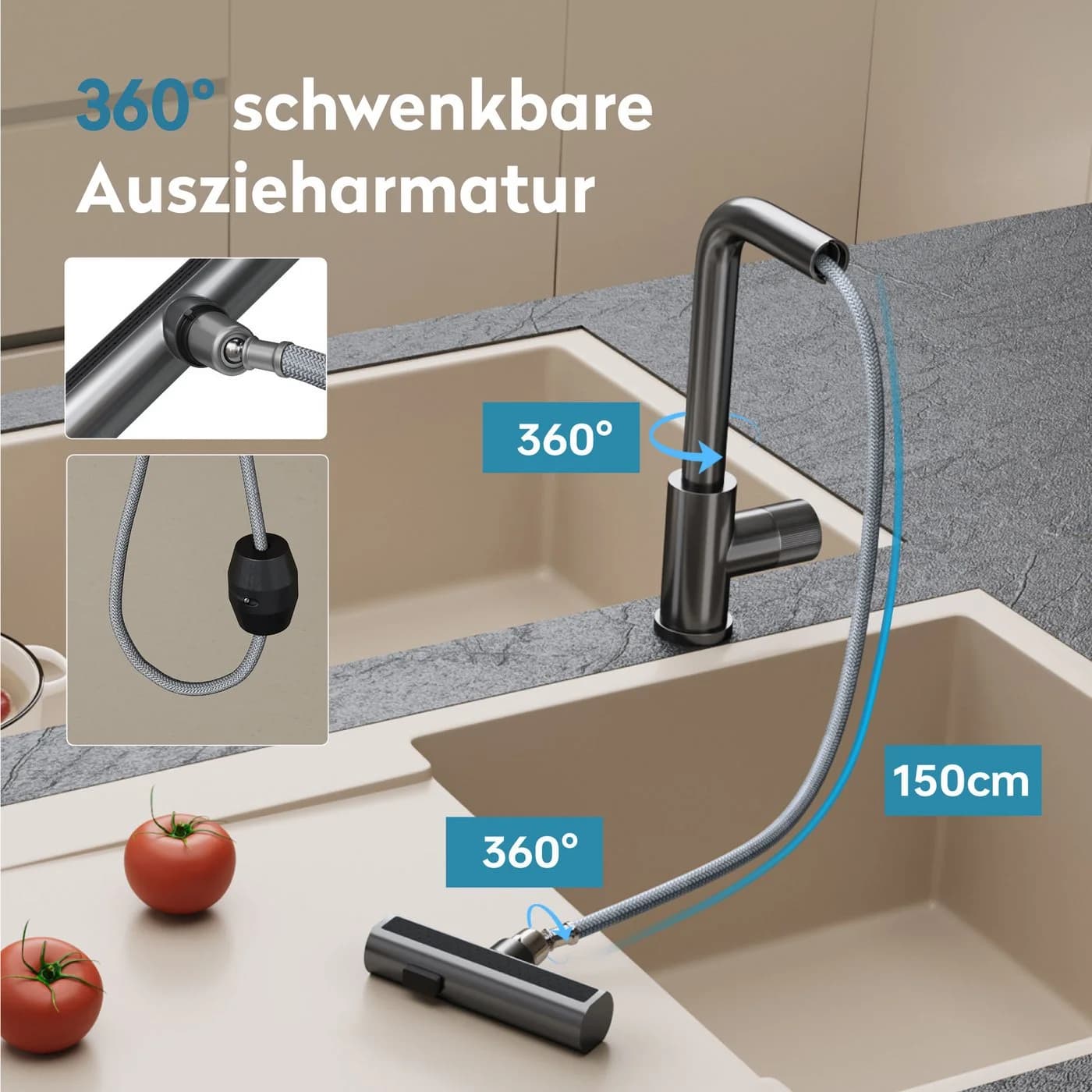 doporro Küchenarmatur ausziehbar Edelstahl 3 Strahlarten 360° schwenkbar