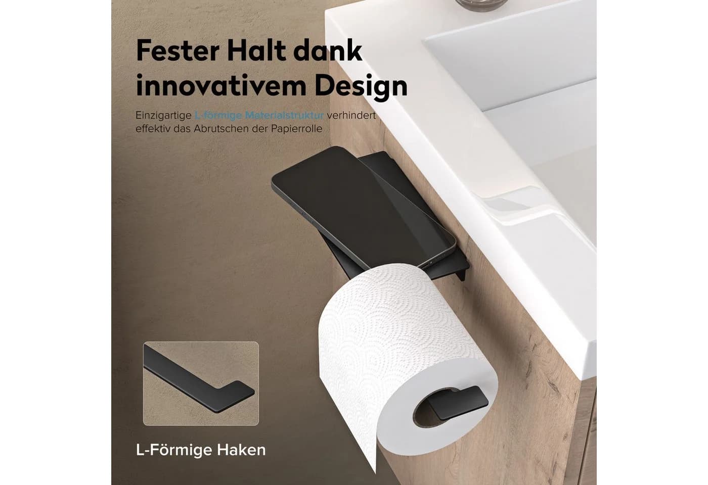 doporro Toilettenpapierhalter Lino-01 Schwarz Edelstahl mit Ablage - Bild 5