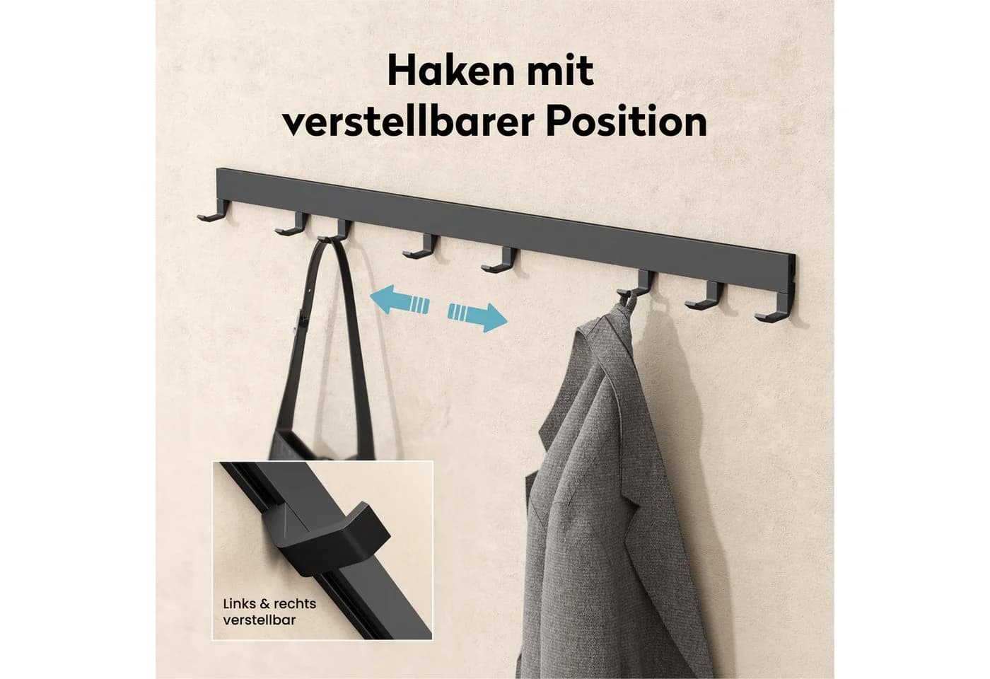 doporro Garderobenleiste mit verschiebbaren Haken Aluminium Schwarz