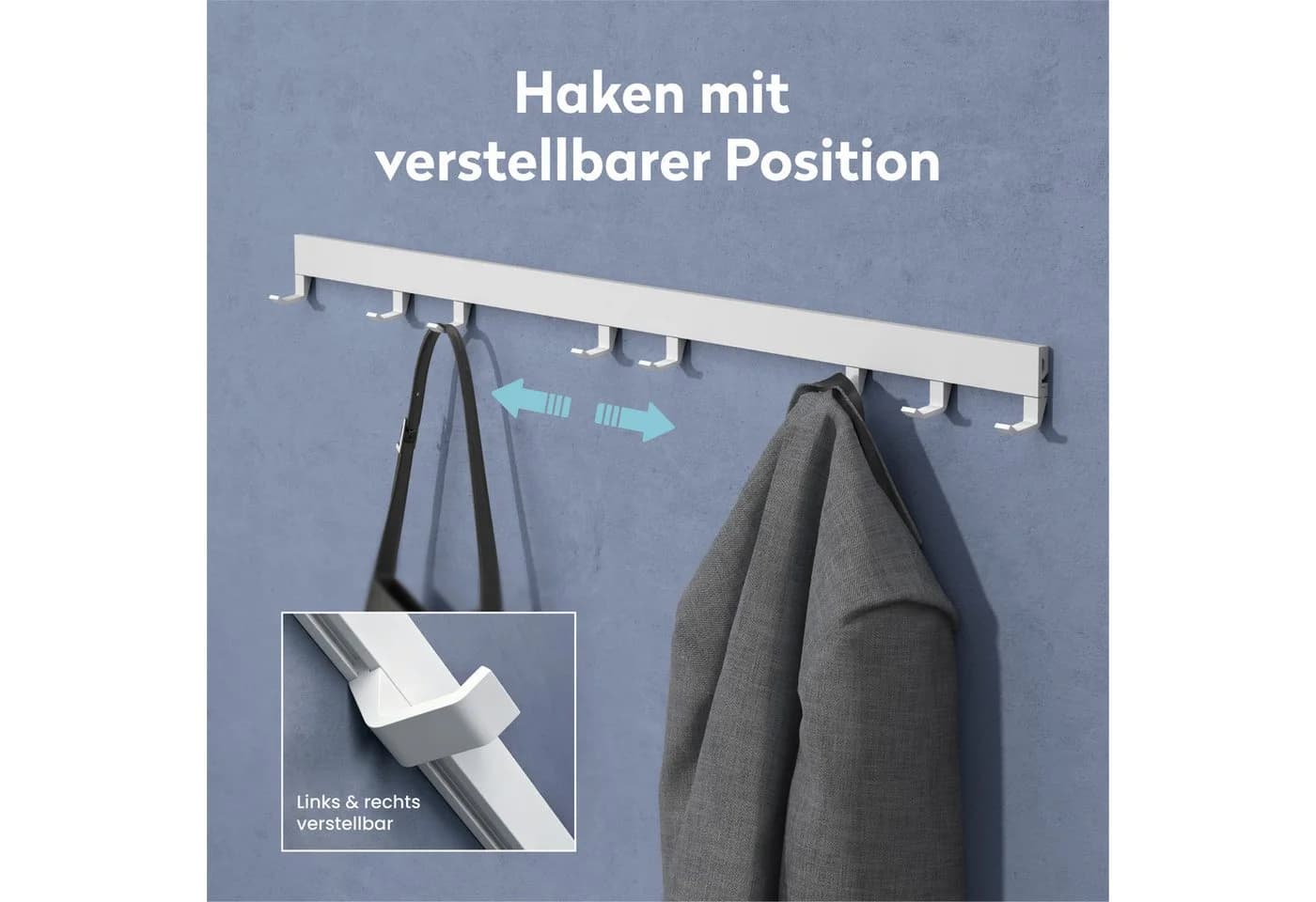 doporro Garderobenleiste mit 5 verschiebbaren Aluminium-Haken weiß