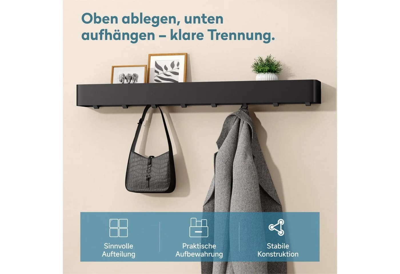 doporro Wandgarderobe Hakenleiste mit Ablage Schwarz Carbonstahl
