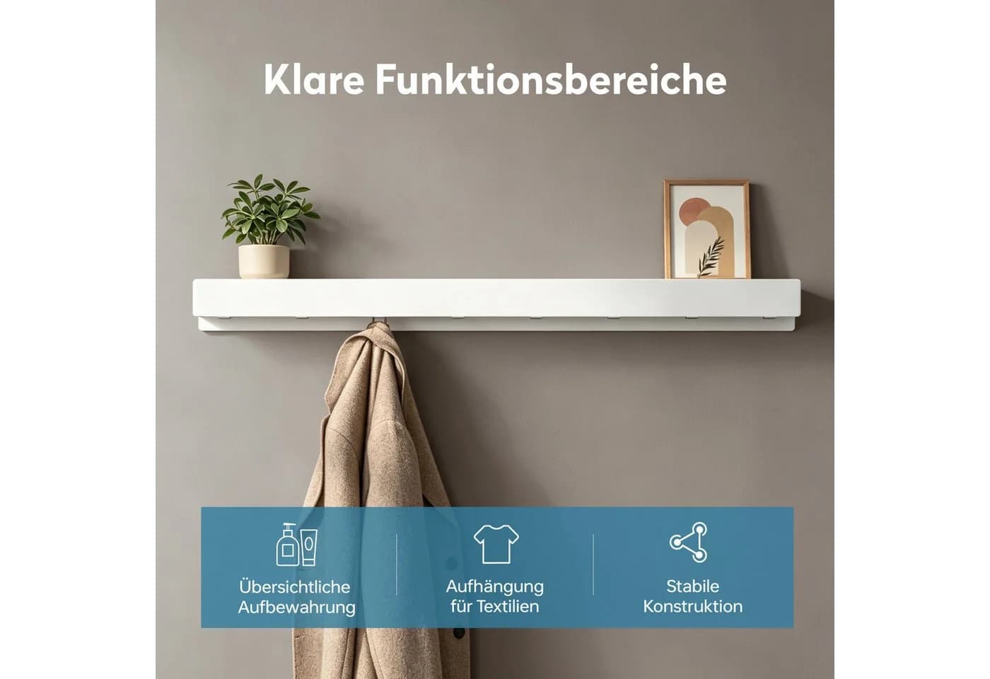 doporro Garderobenleiste mit Ablage 6 Haken Metall Sandweiß