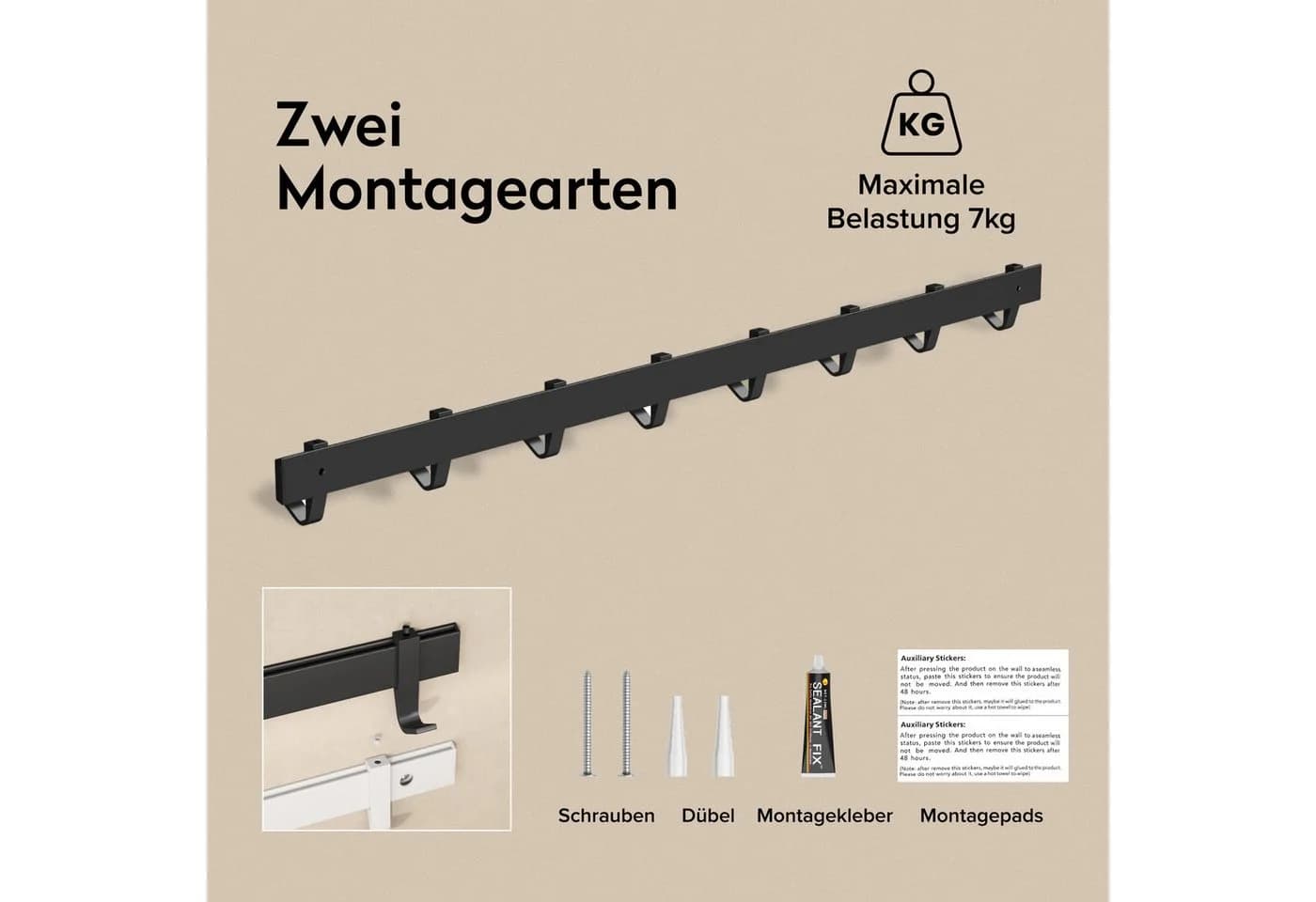 dopporro Garderobenleiste 4/6/8 Haken Alu Verschiebbar Selbstklebend - Bild 5