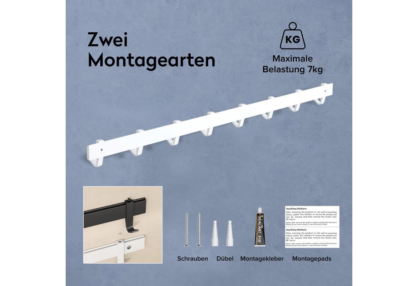 doporro Garderobenleiste Alu-Wandhaken selbstklebend Matt Schwarz/Weiß - Bild 5