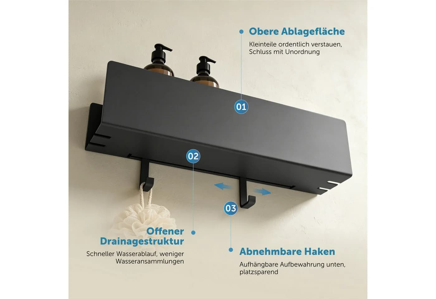 doporro Duschregal Wandregal 40cm Schwarz/Weiß mit 2 Haken - Bild 3
