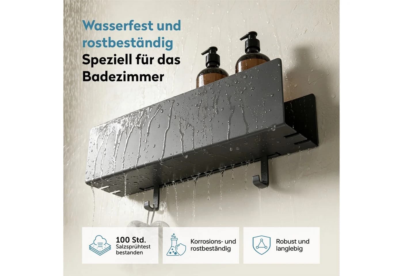 doporro Duschregal Wandregal 40cm Schwarz/Weiß mit 2 Haken - Bild 5
