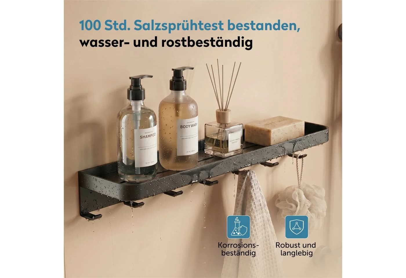 doporro Duschablage 50cm mit 7 Haken Carbonstahl - Bild 5