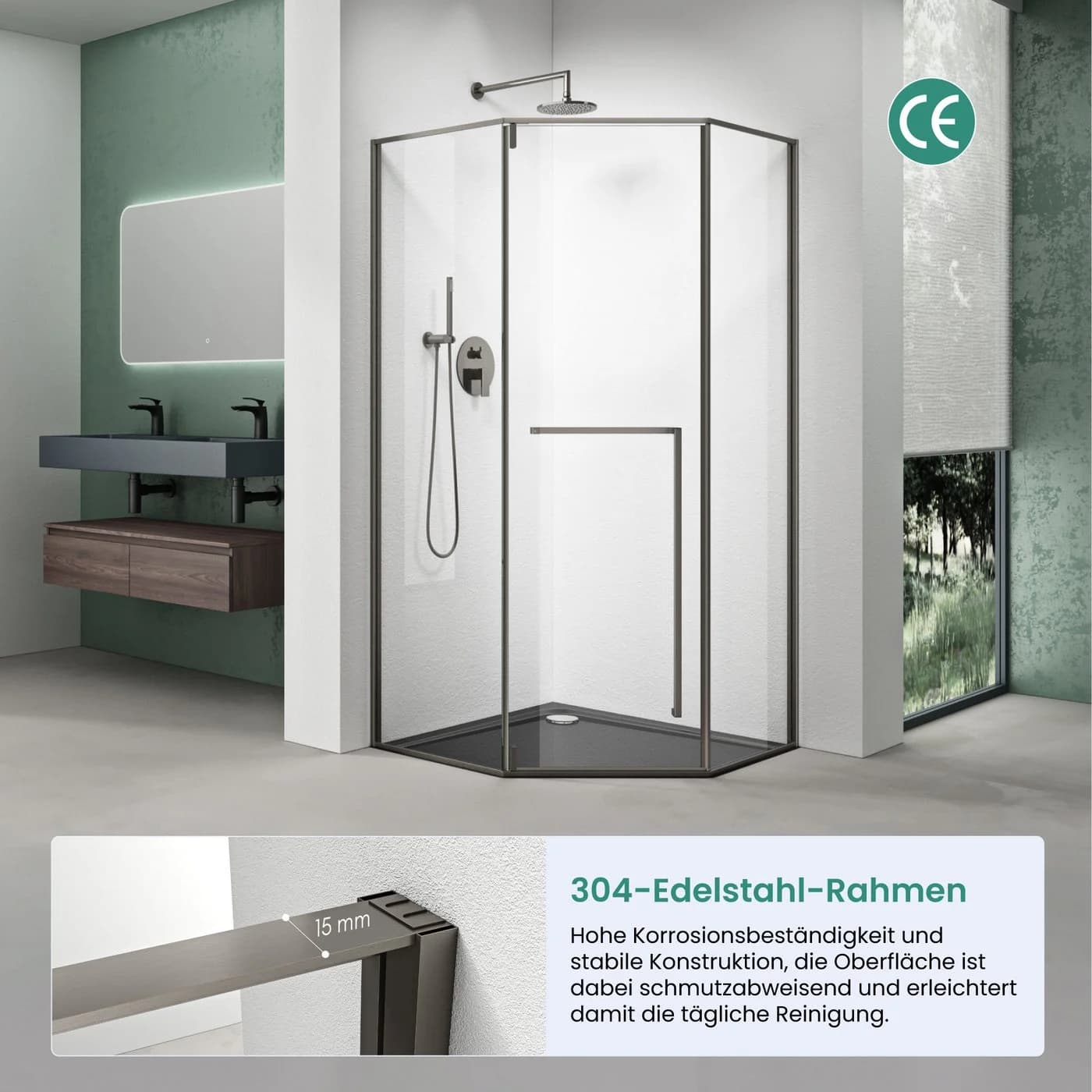 Mai & Mai Fünfeckdusche 8mm ESG-Glas Nano-Beschichtung