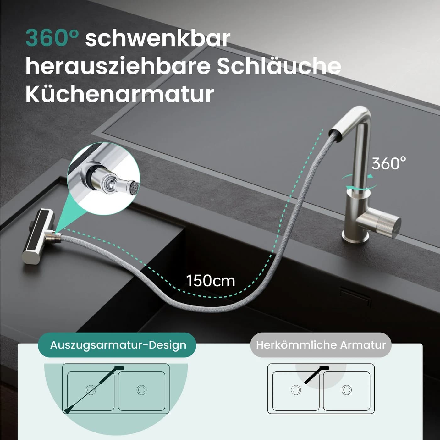 Mai & Mai Küchenarmatur Turnix-02 Edelstahl 360° schwenkbar ausziehbar