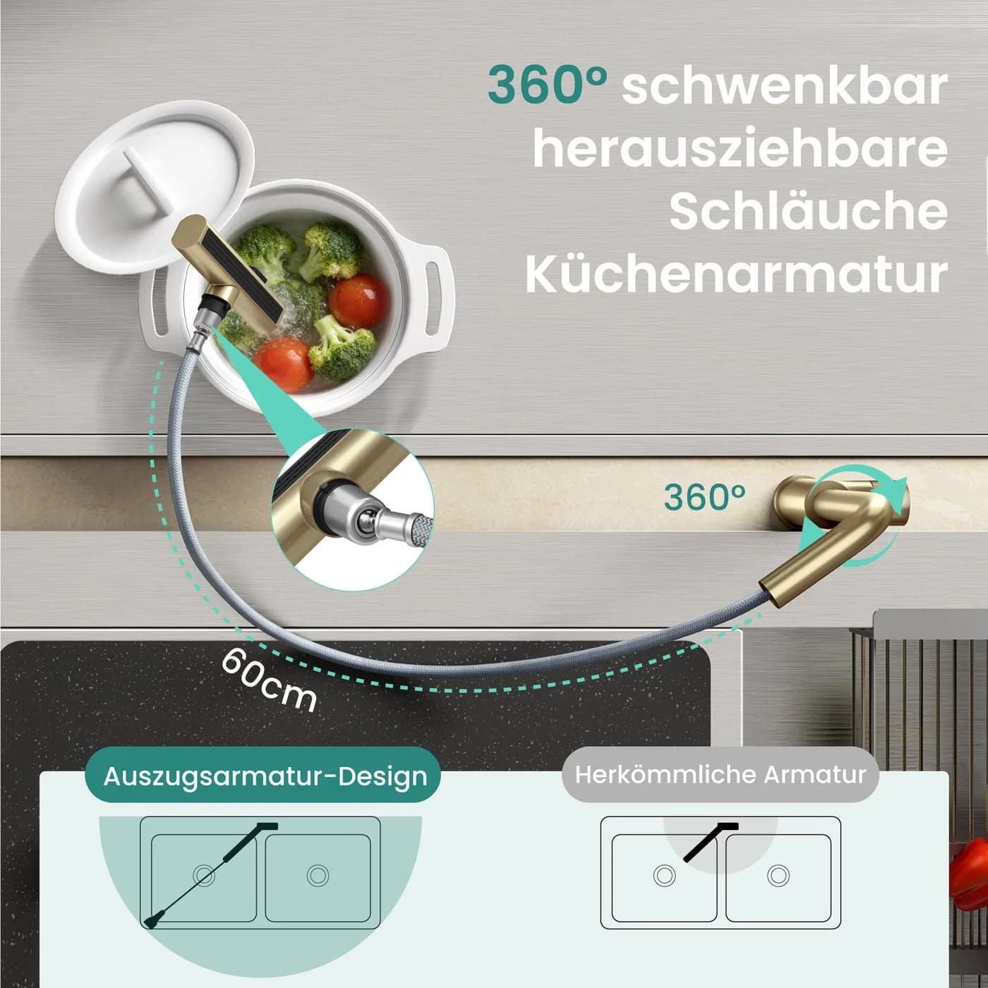 Mai & Mai Küchenarmatur Turnix-02 Edelstahl 360° Schwenkbar Ausziehbar