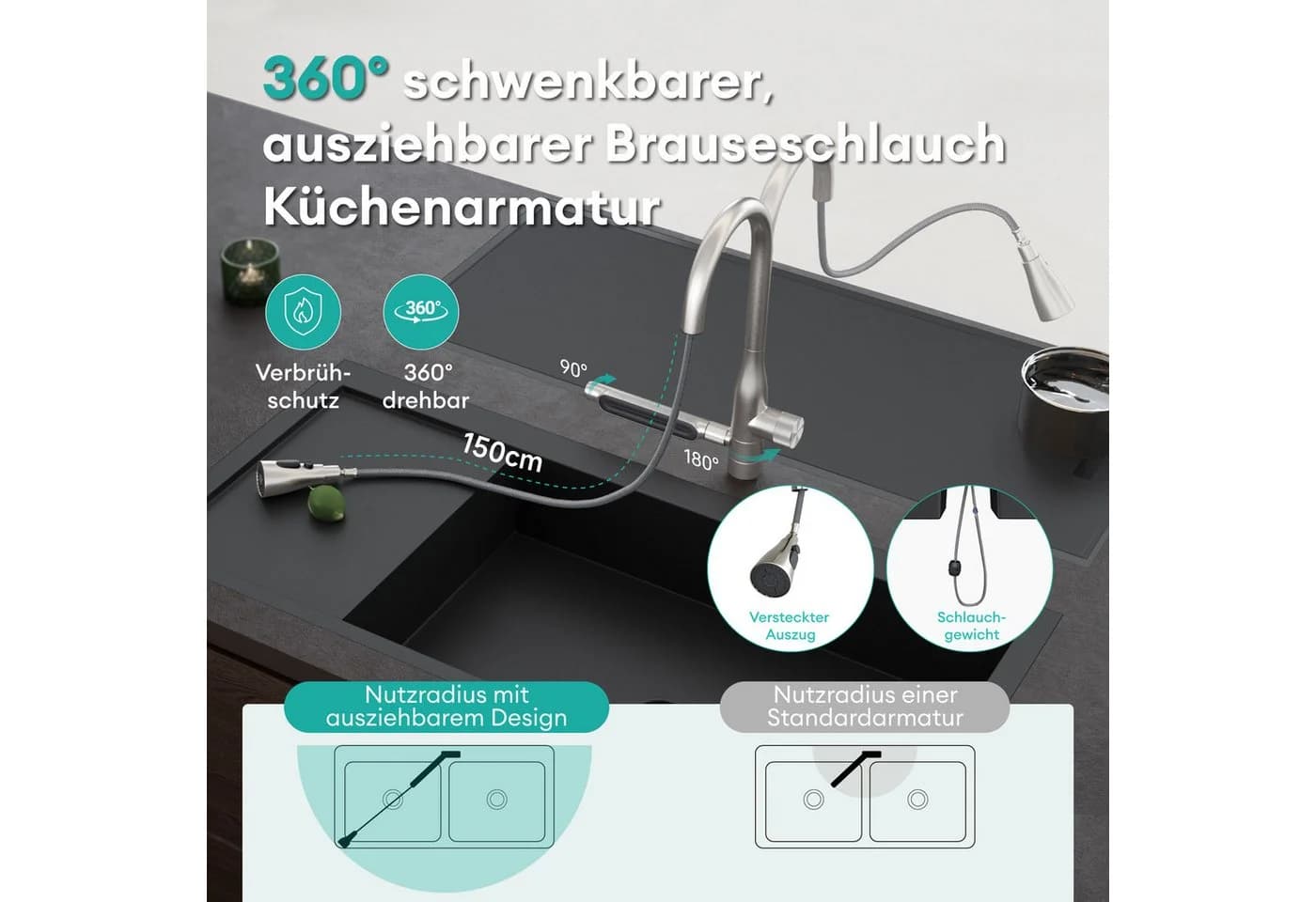 Mai & Mai Küchenarmatur Turnix03 360° drehbar Edelstahl gebürstet silber