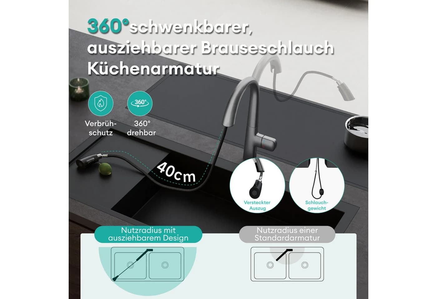 Mai & Mai Küchenarmatur Einhebelmischer 360° Schwarz/Silber