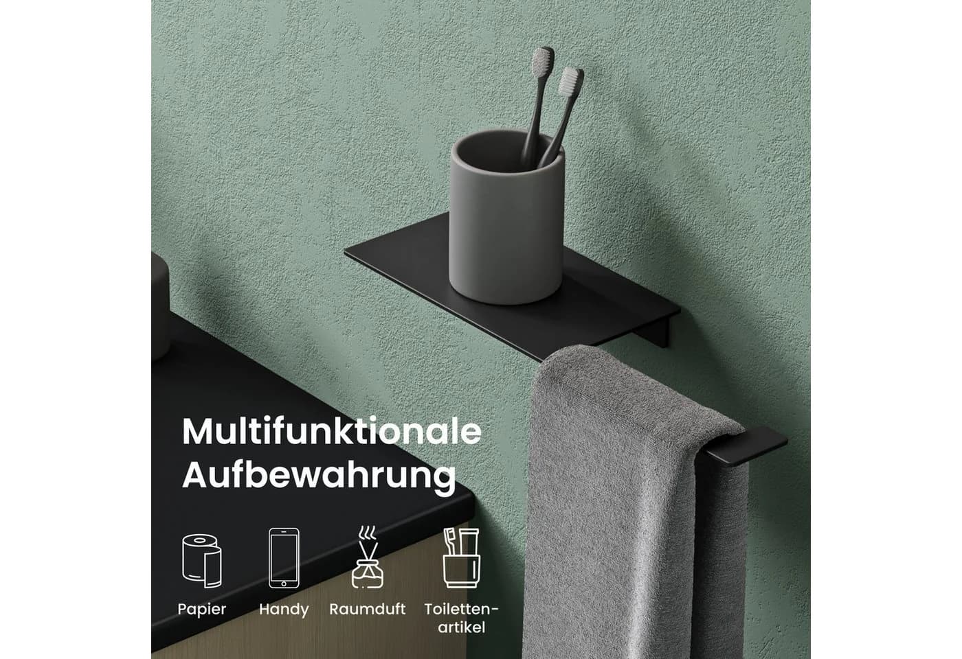 Mai & Mai Toilettenpapierhalter mit Ablage & Endehaken Edelstahl Schwarz/Weiß - Bild 5