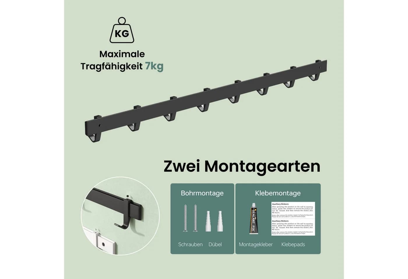 Mai & Mai Wandgarderobe Stalo-12 Aluminium mit verschiebbaren Haken Schwarz/Weiß - Bild 5