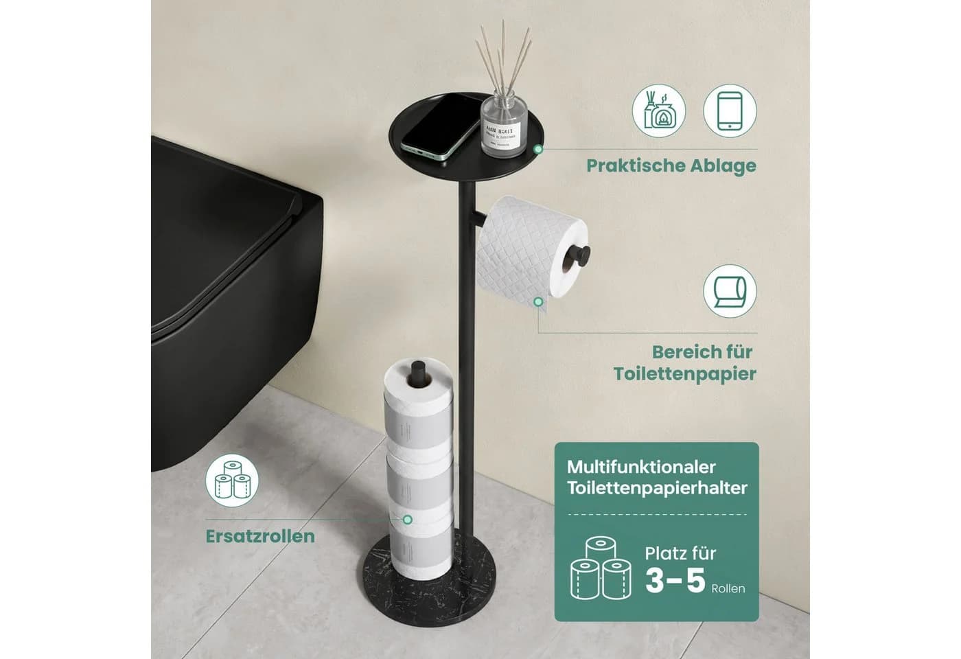 Mai & Mai Toilettenpapierhalter stehend Edelstahl Schwarz mit Ablage