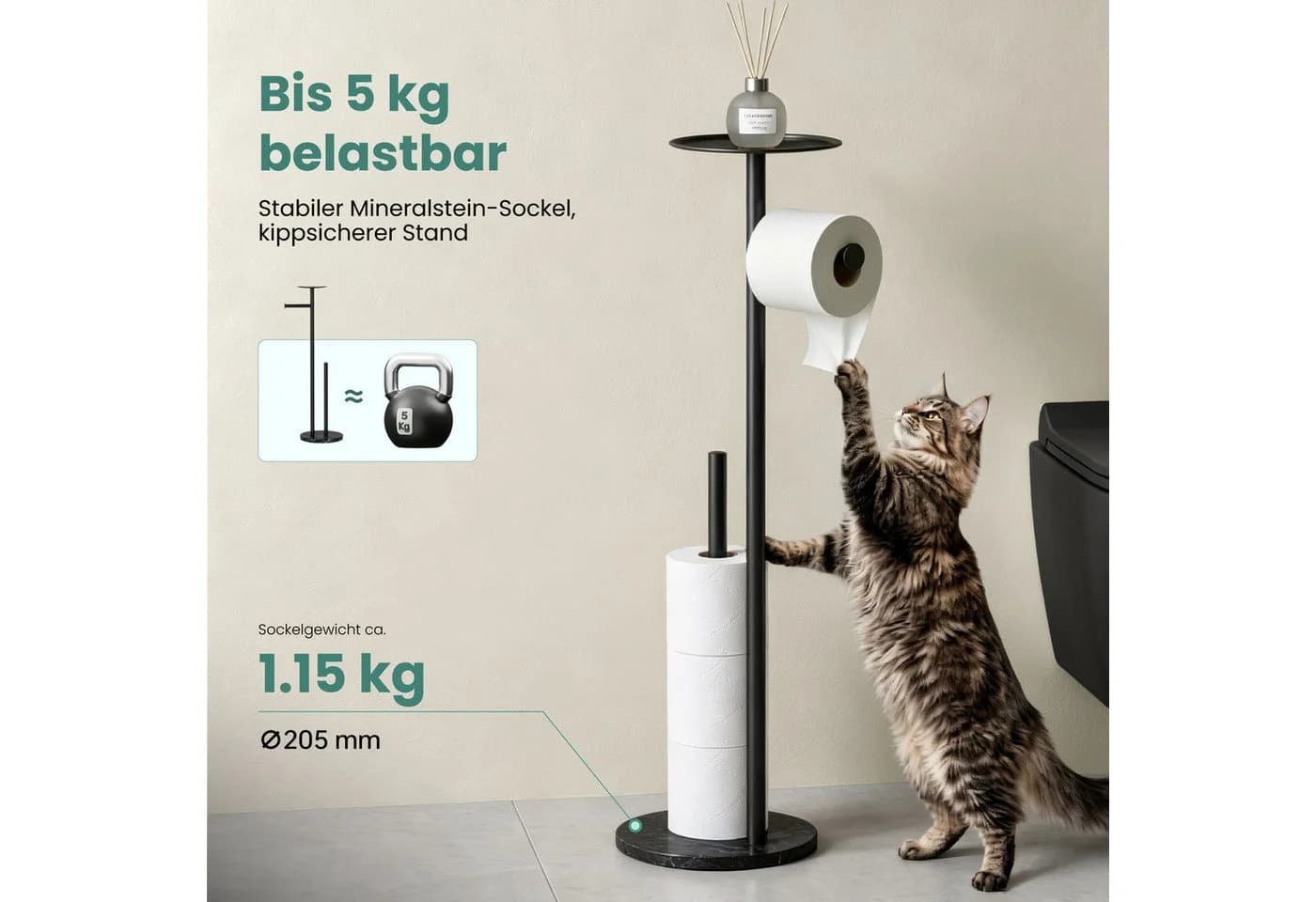 Mai & Mai Toilettenpapierhalter stehend Edelstahl Schwarz mit Ablage - Bild 4
