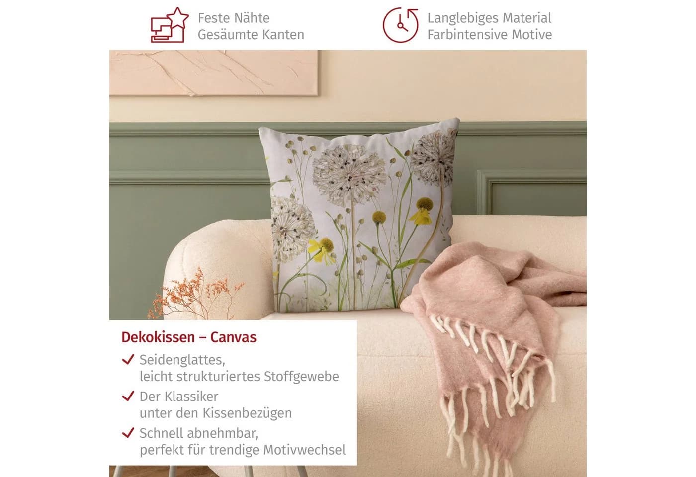 Bilderdepot24 Dekokissen Kissenhülle Beige Blumen Canvas
