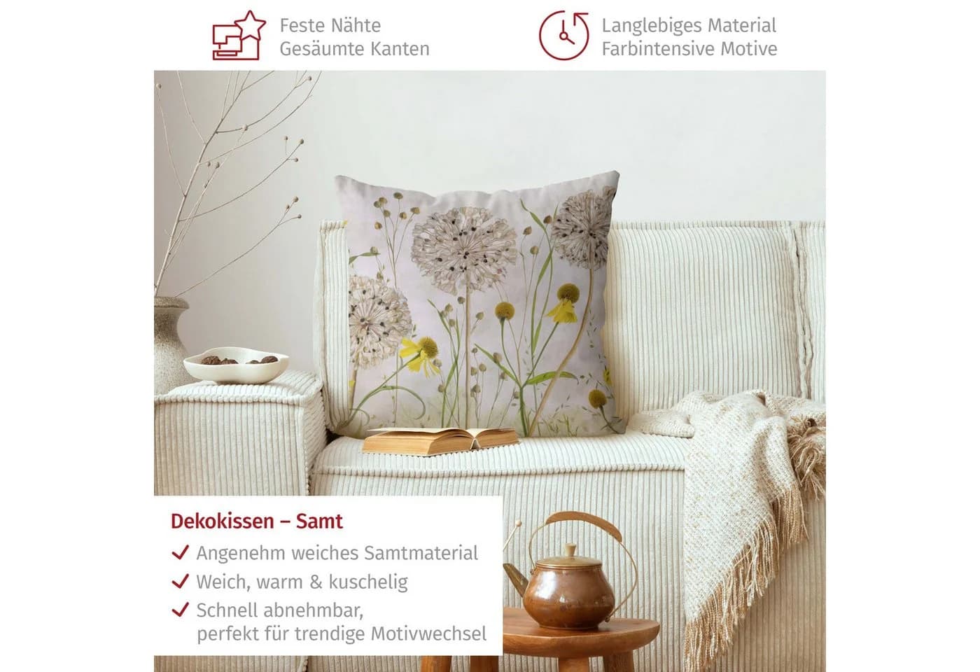 Bilderdepot24 Dekokissen Kissenhülle Beige Blumen Canvas - Bild 3