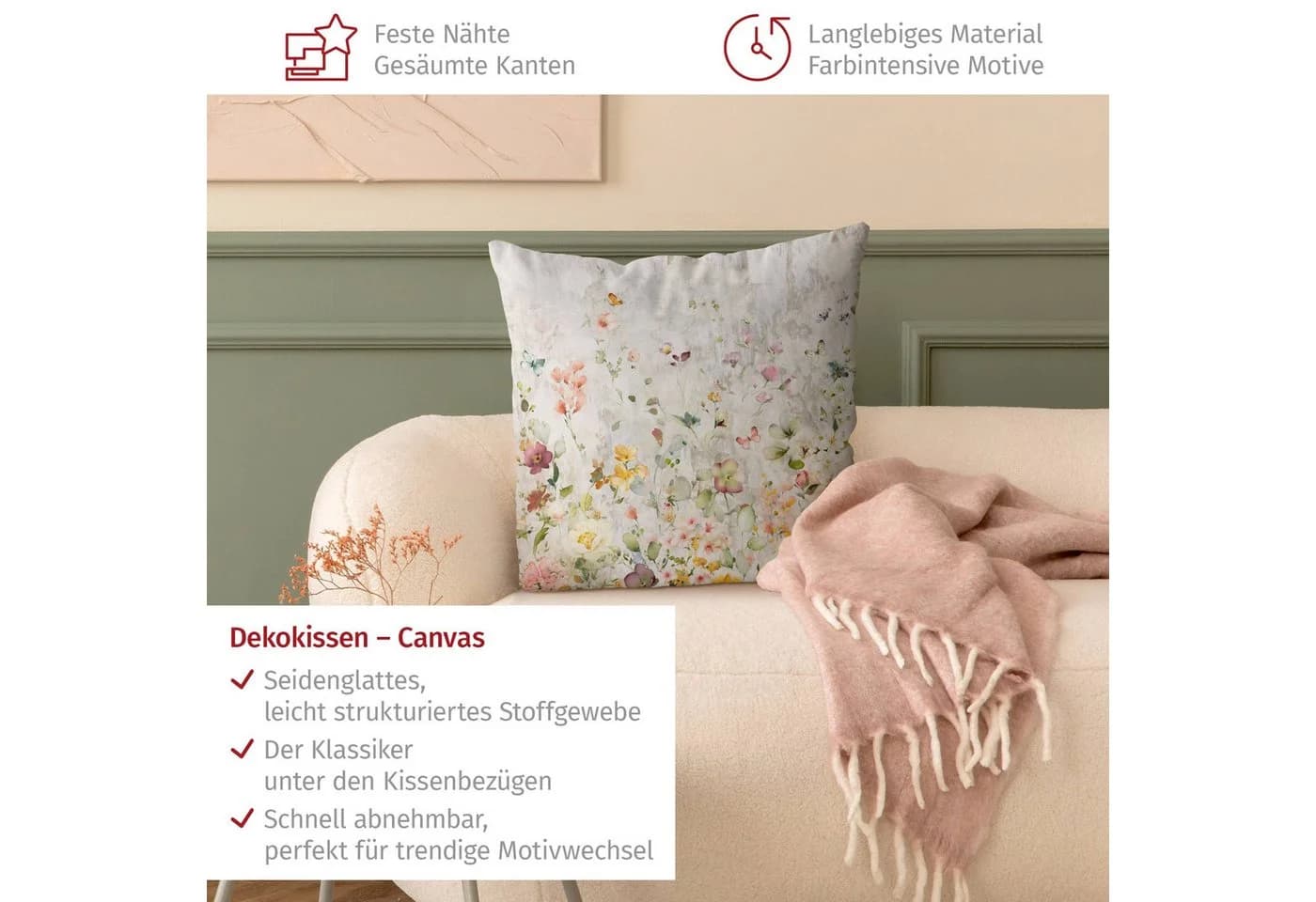 Bilderdepot24 Dekokissen bunt Blumen Canvas Bezug Steinoptik