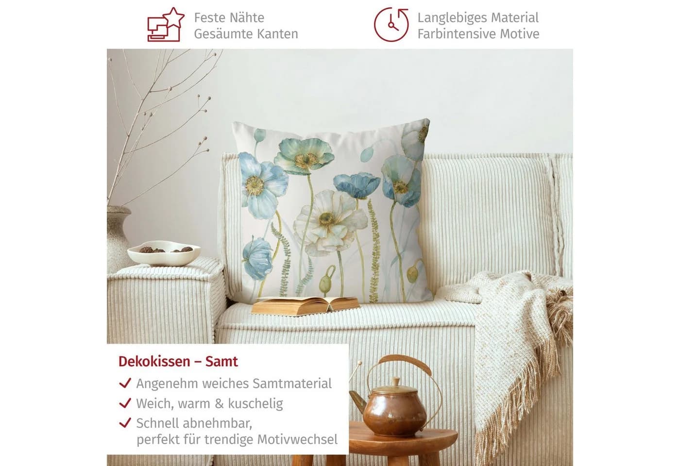 Bilderdepot24 Dekokissen blau Blumen mit Reißverschluss - Bild 3