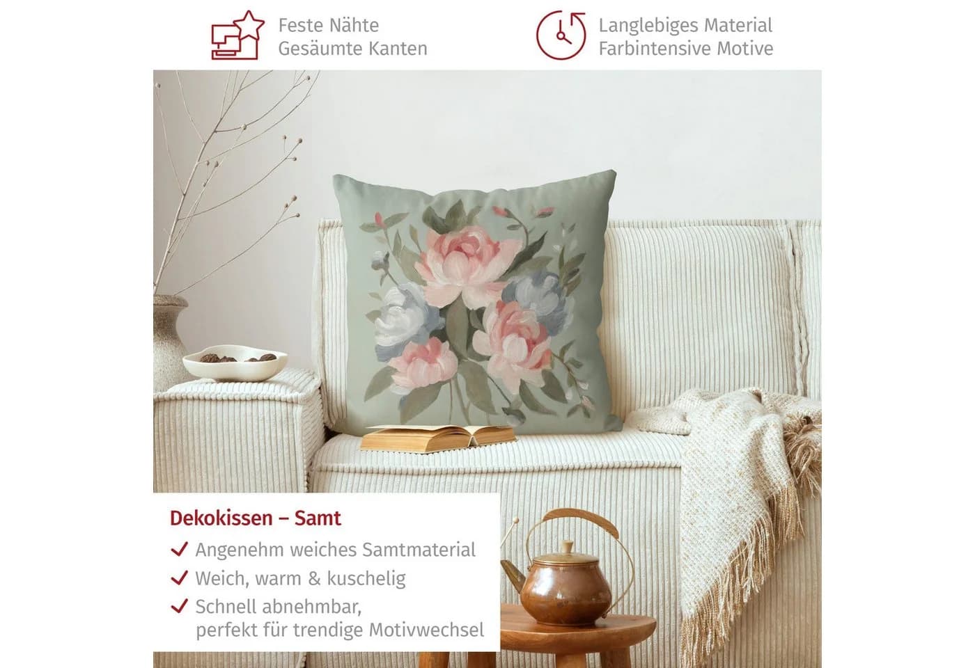 Bilderdepot24 Dekokissen Rosa Blumen Samt mit Reißverschluss - Bild 3