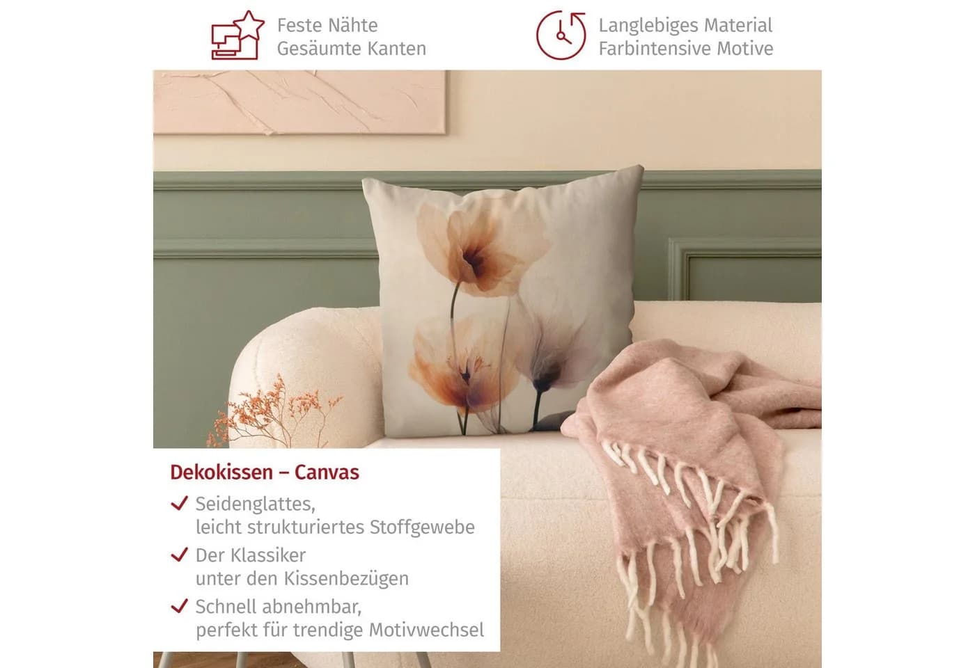 Bilderdepot24 Dekokissen Kissenhülle Beige Blumen I mit Reißverschluss