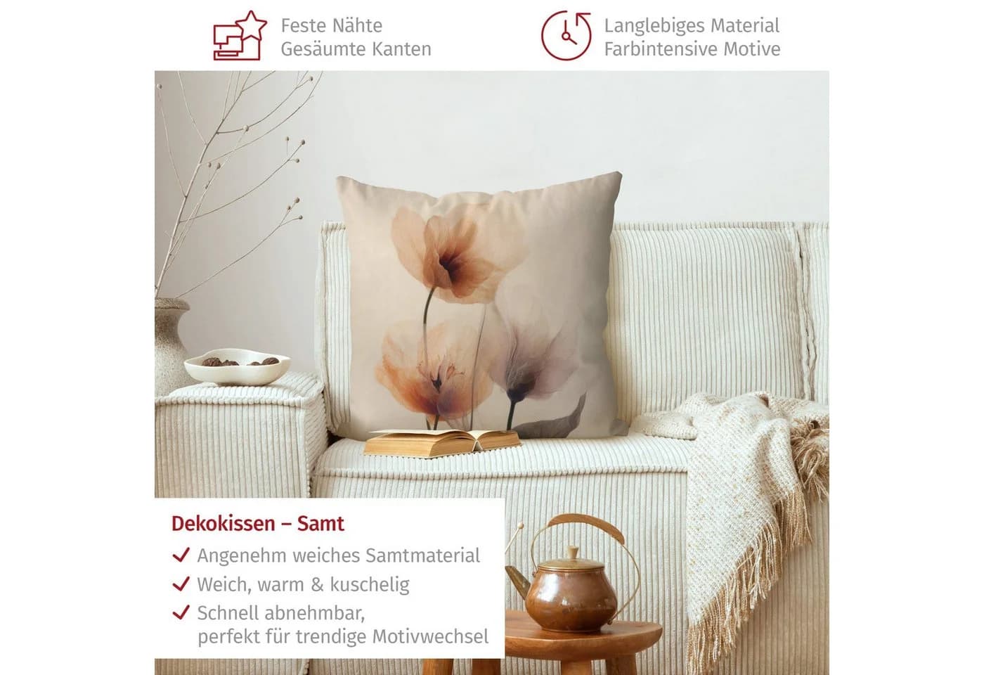 Bilderdepot24 Dekokissen Kissenhülle Beige Blumen I mit Reißverschluss - Bild 3