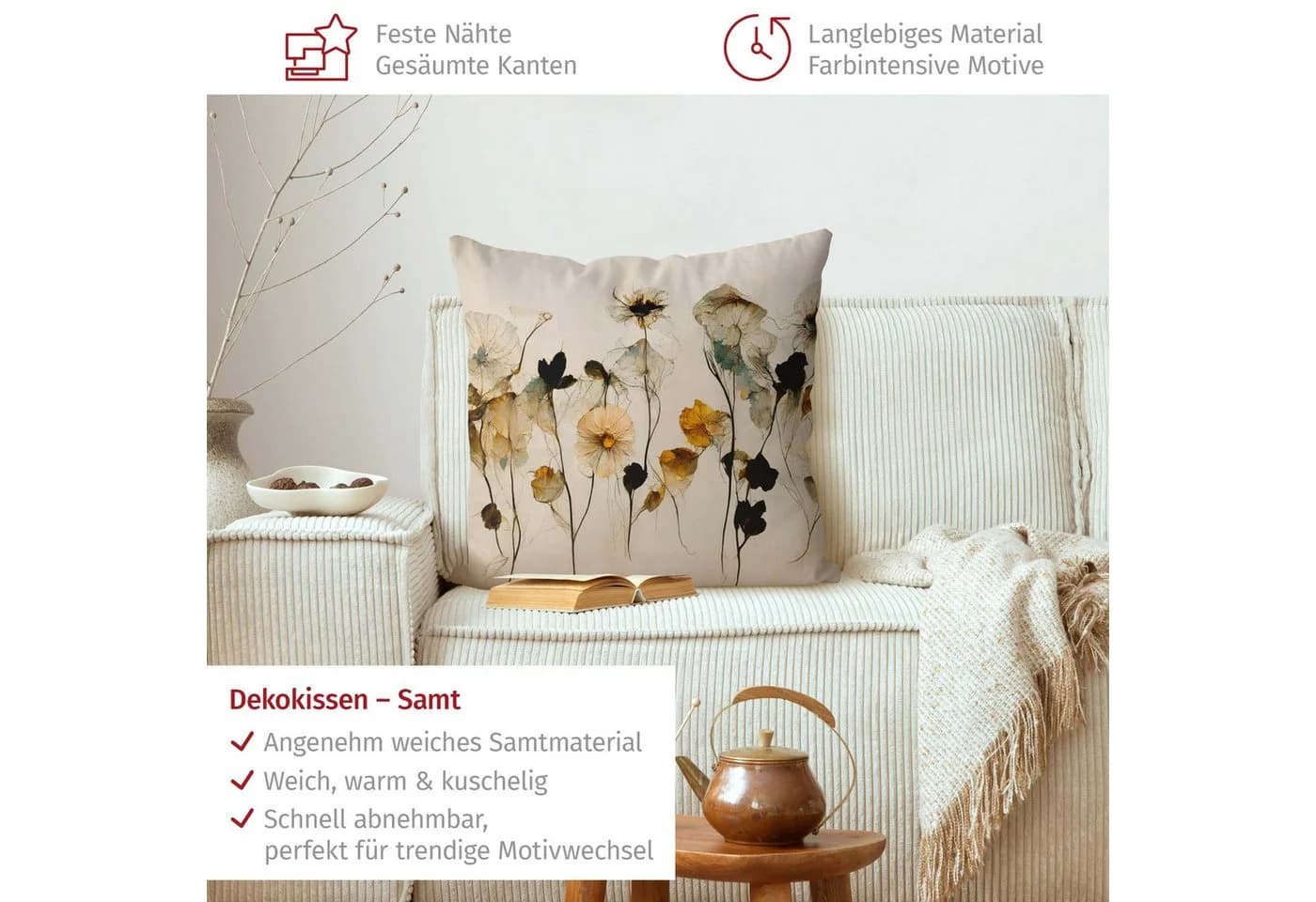 Bilderdepot24 Dekokissen Samt beige Blumen Kissenhülle mit Reißverschluss - Bild 3
