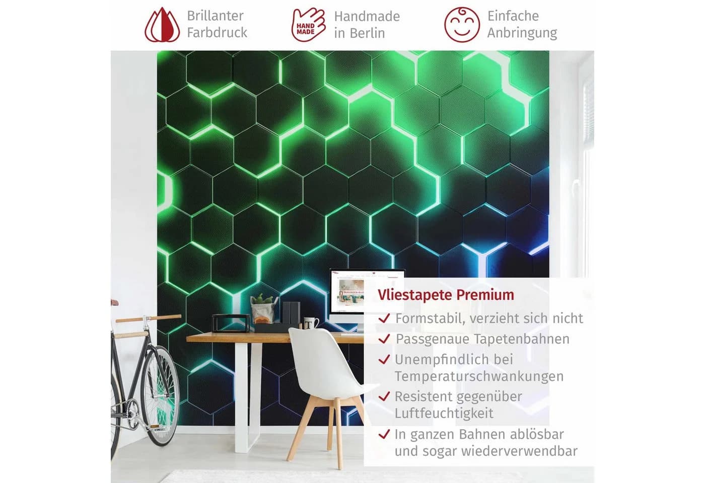 Bilderdepot24 Vliestapete Hexagone Neonlicht Grün Schwarz 3D-Optik Gaming - Bild 3