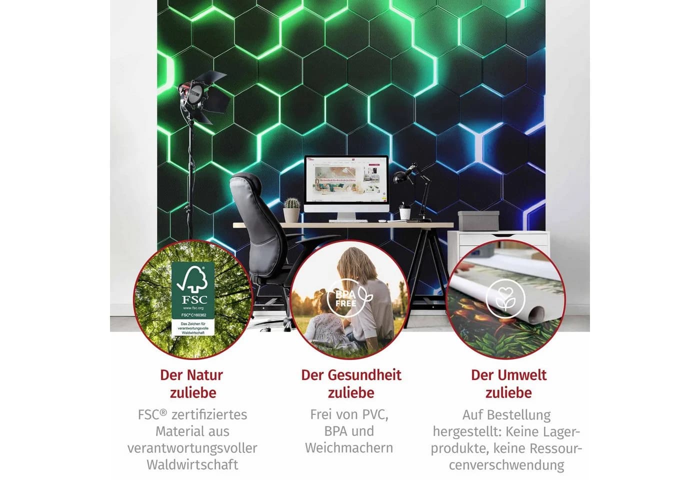 Bilderdepot24 Vliestapete Hexagone Neonlicht Grün Schwarz 3D-Optik Gaming - Bild 5