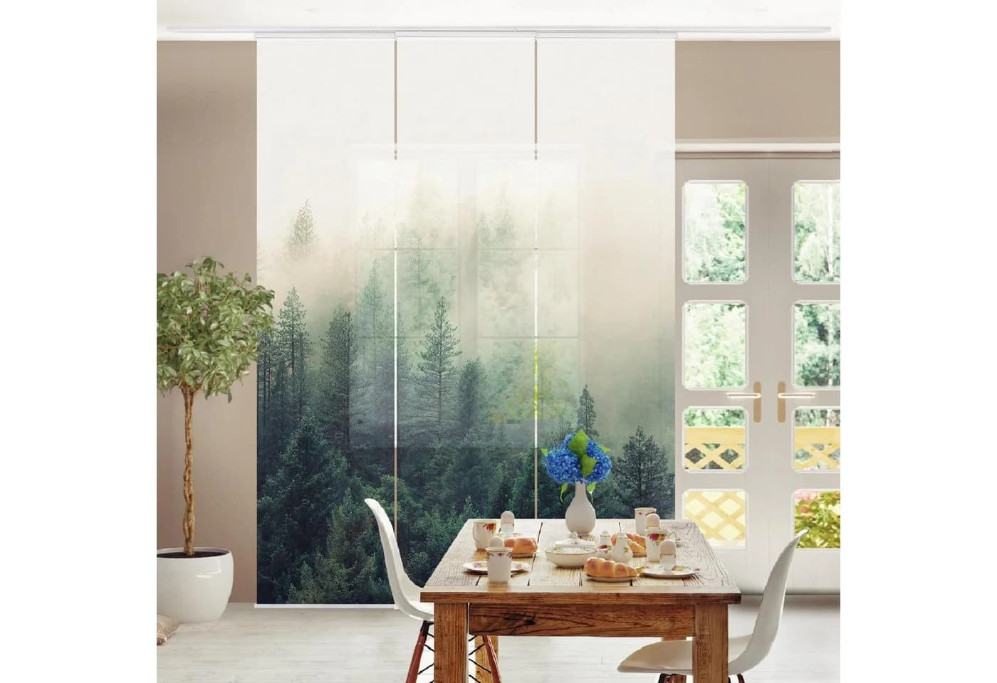 Bilderdepot24 Schiebegardine Modern Flächenvorhang Grün Wald im Nebel