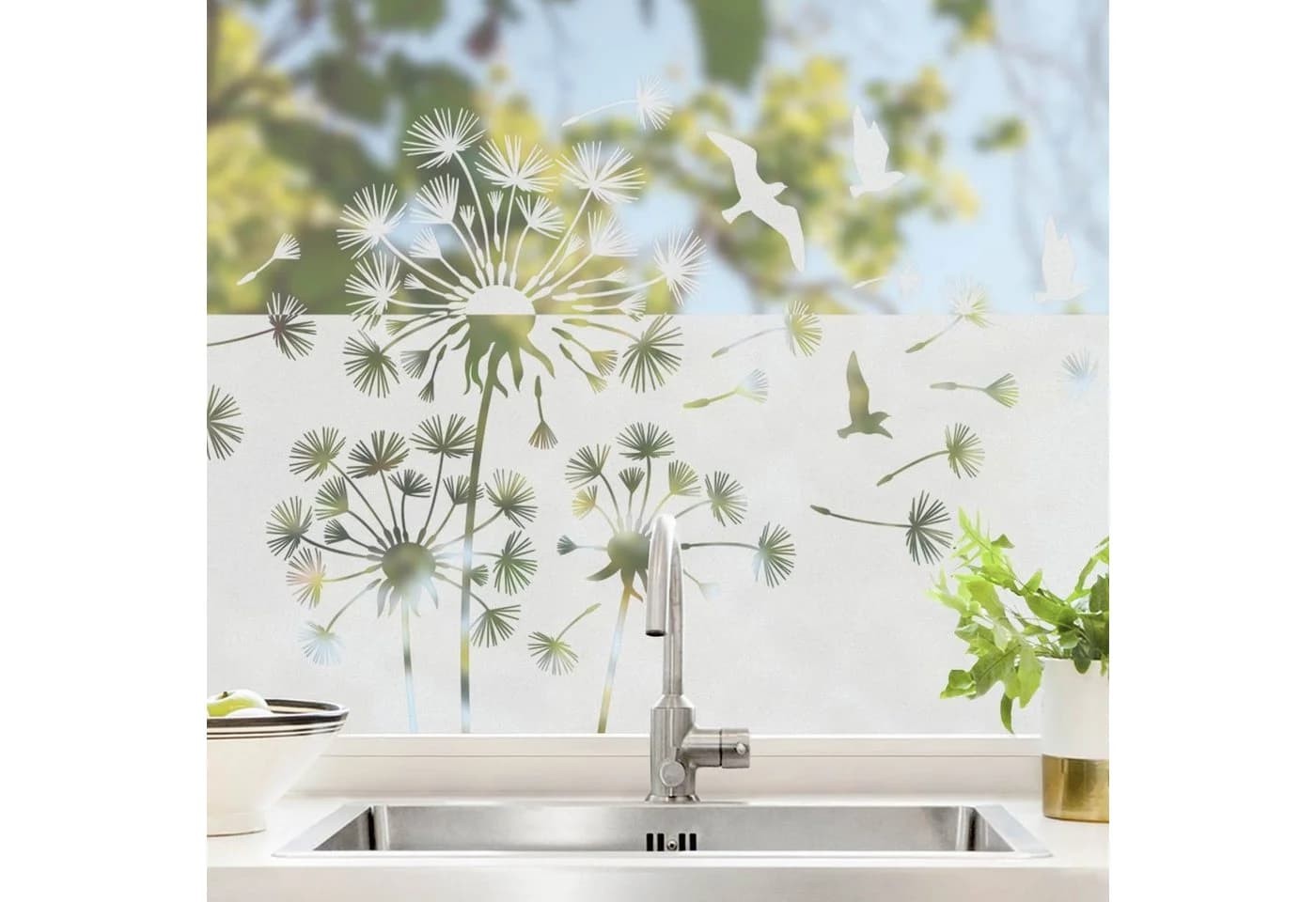 Bilderdepot24 Fensterfolie Statisch Haftend Motiv Pusteblumen Vögel Bordüre