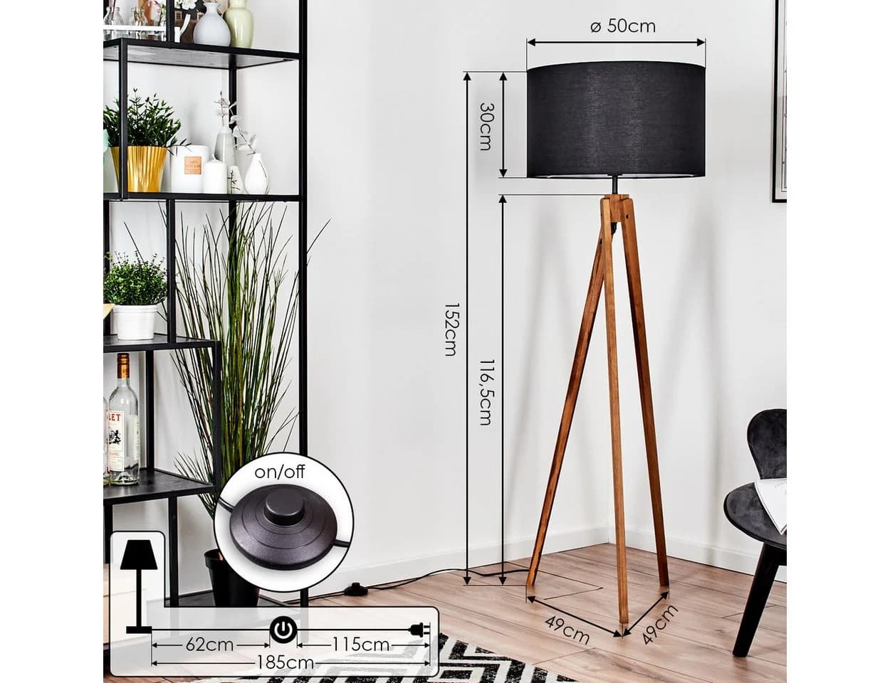 hofstein Stehlampe Boho Design Stoffschirm E27 Schwarz/Weiß - Bild 4