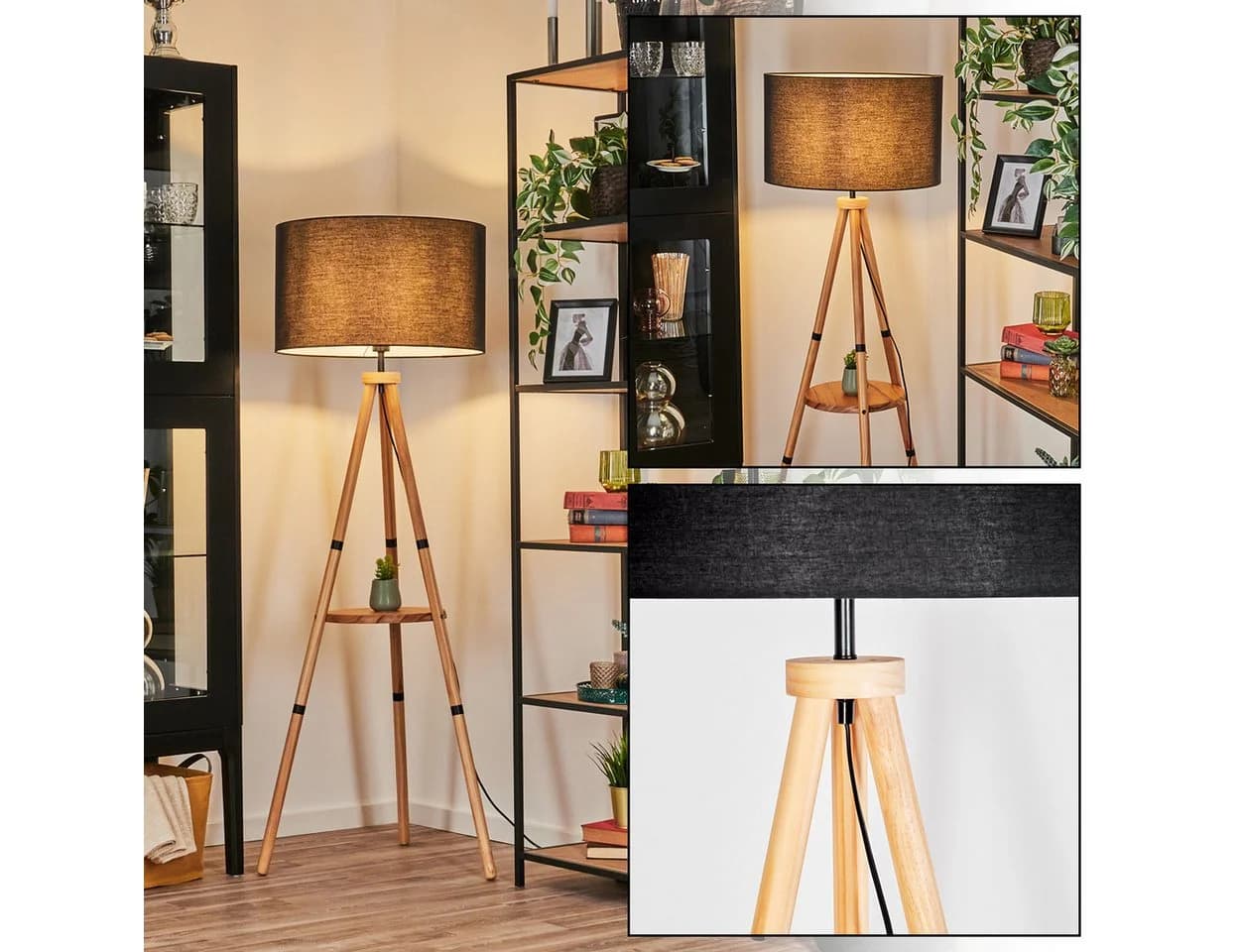 hofstein Stehlampe Holz Metall Boho-Design Fußschalter Ablagefläche Stoffschirm - Bild 2