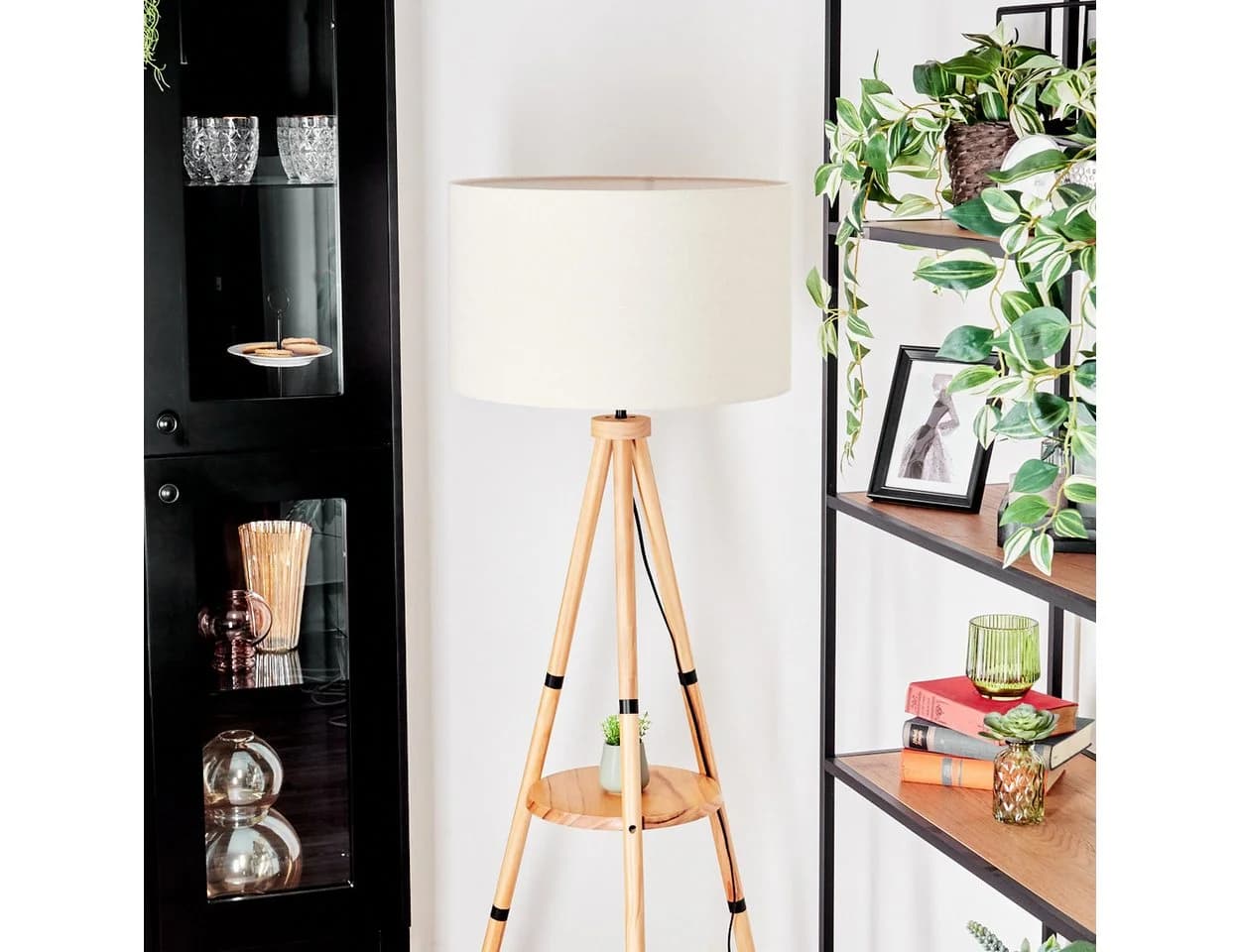 hofstein Stehlampe Holz Metall Boho Design Fußschalter