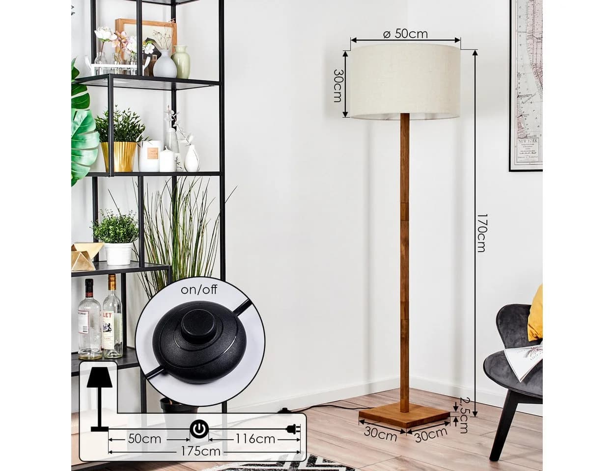 hofstein Stehlampe Boho Design Metall Holz Stoffschirm 50 cm - Bild 4