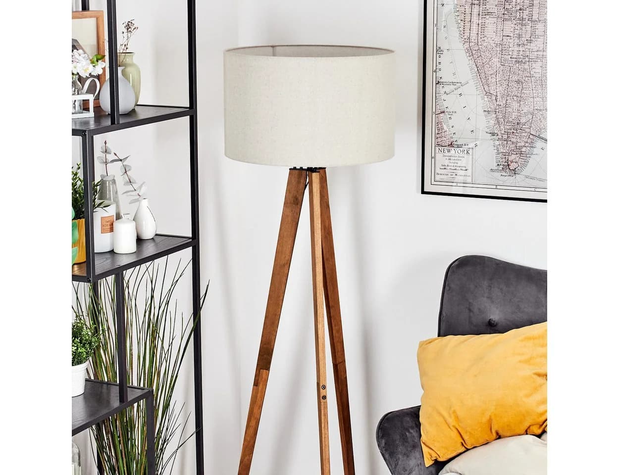 hofstein Stehlampe Boho Design Holz Metall Fußschalter