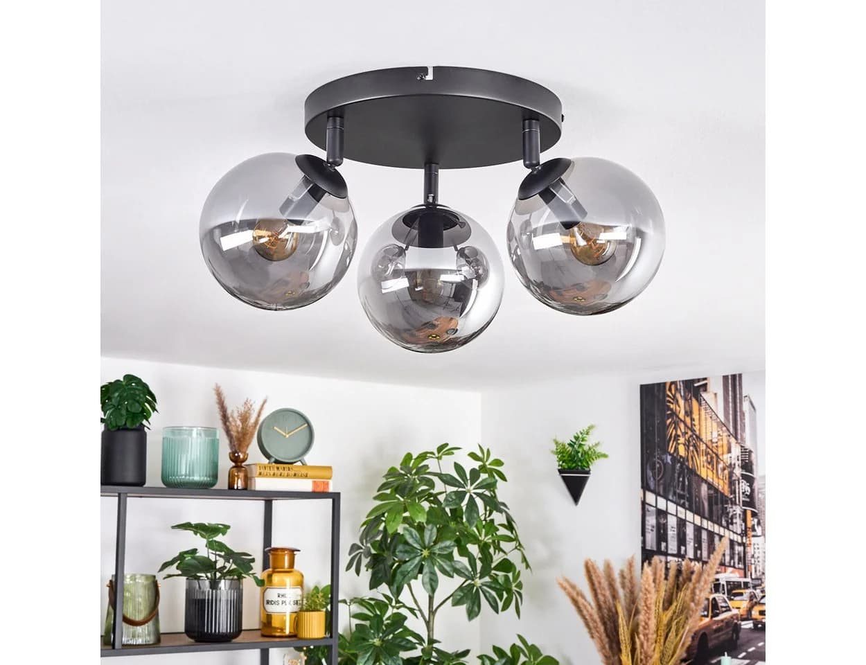 hofstein Deckenleuchte Deckenlampe aus Metall/Glas in Schwarz/Rauchfarben, 3 x E14, ohne Leuchtmittel, verstellbare Deckenleuchte im Retro/Vintage-Design