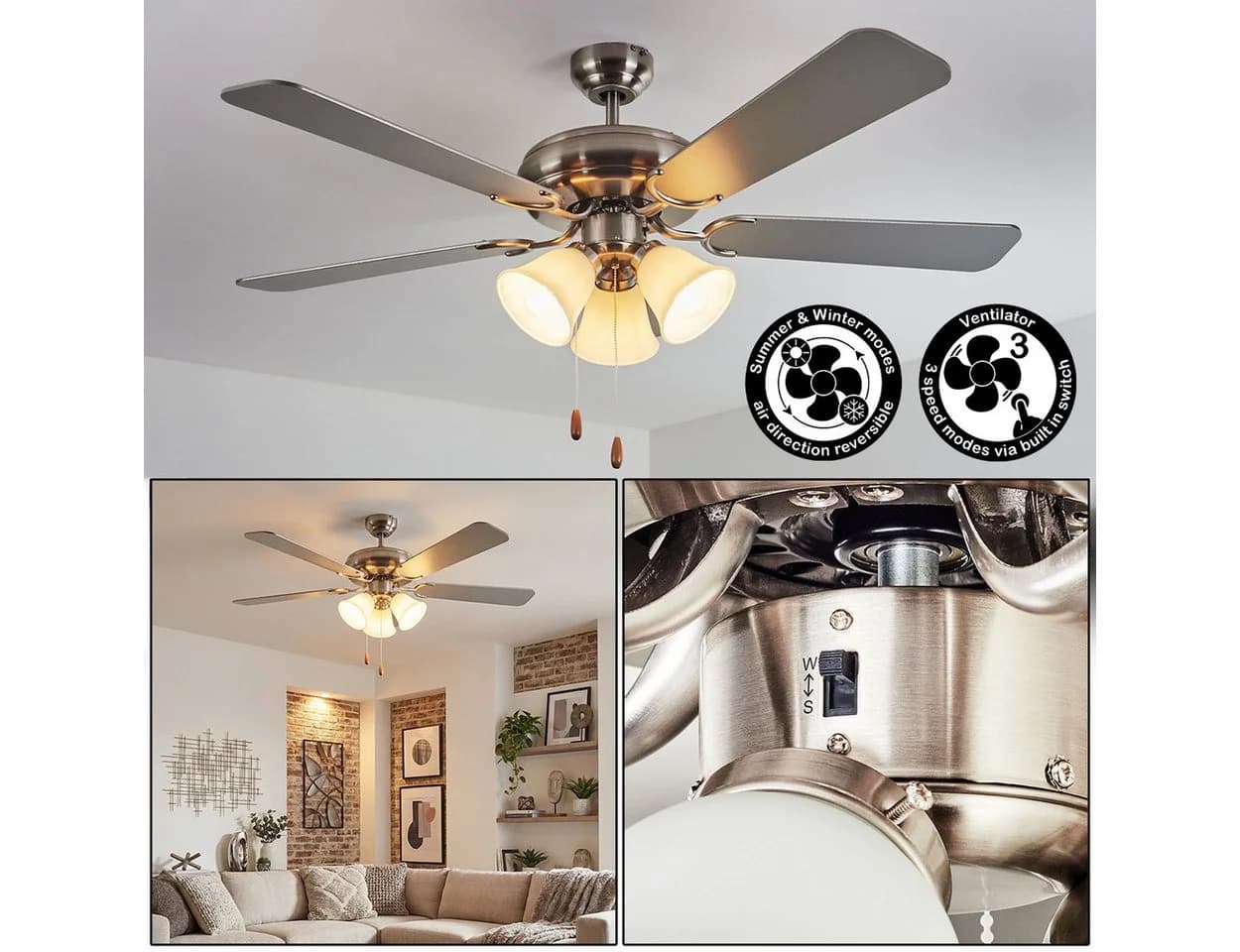 Hofstein Deckenventilator mit LED 132 cm Eichenholz & Milchglas - Bild 2