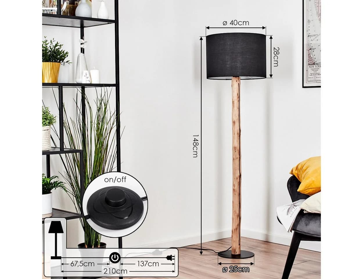hofstein Stehlampe Holz/Metall Stoffschirm Schwarz/Weiß E27 - Bild 4