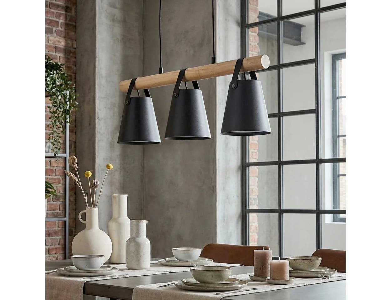 hofstein Hängeleuchte Hängelampe Boho/Retro 3x E27 Schwarz/Natur/Weiß