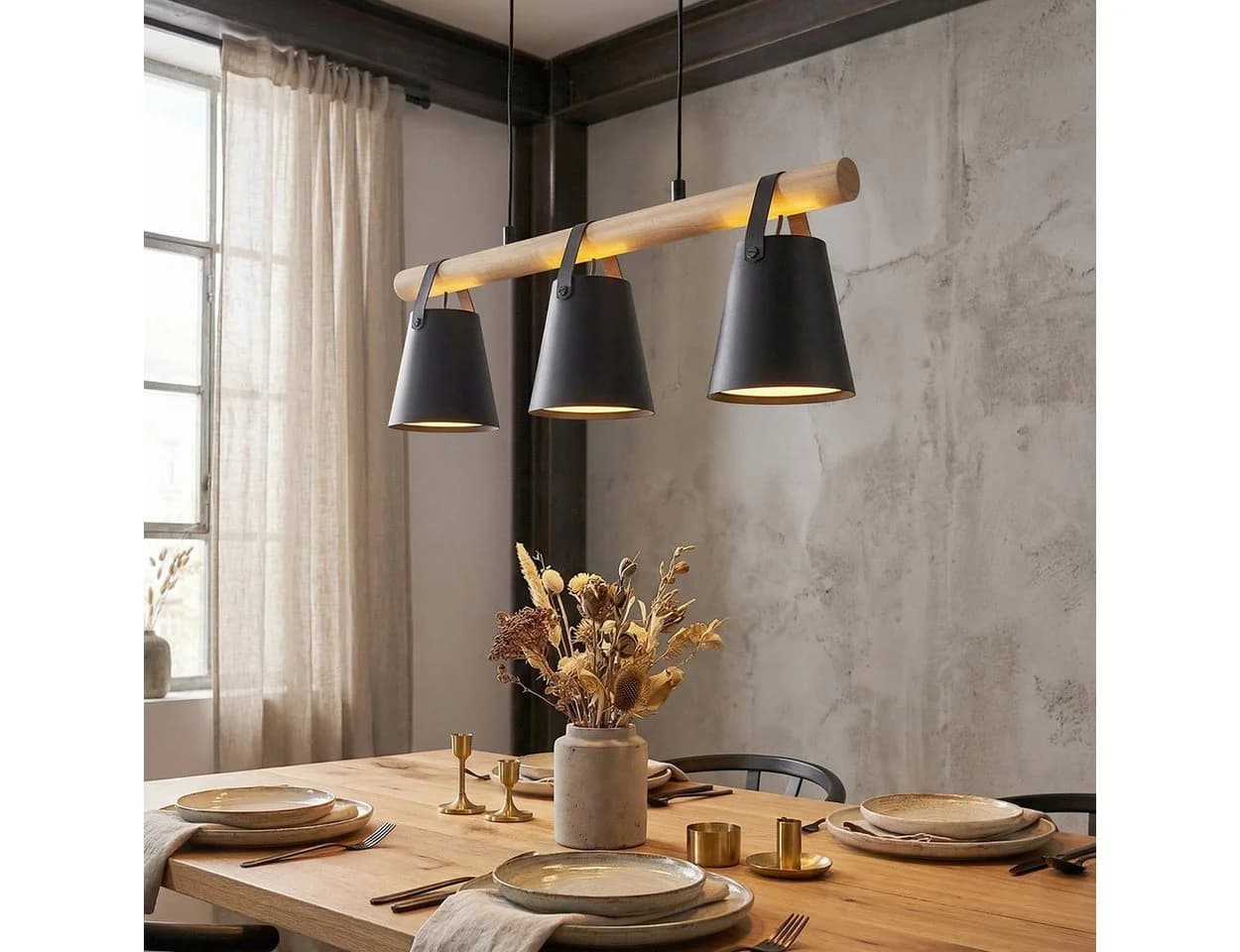 hofstein Hängeleuchte Hängelampe Boho/Retro 3x E27 Schwarz/Natur/Weiß - Bild 2