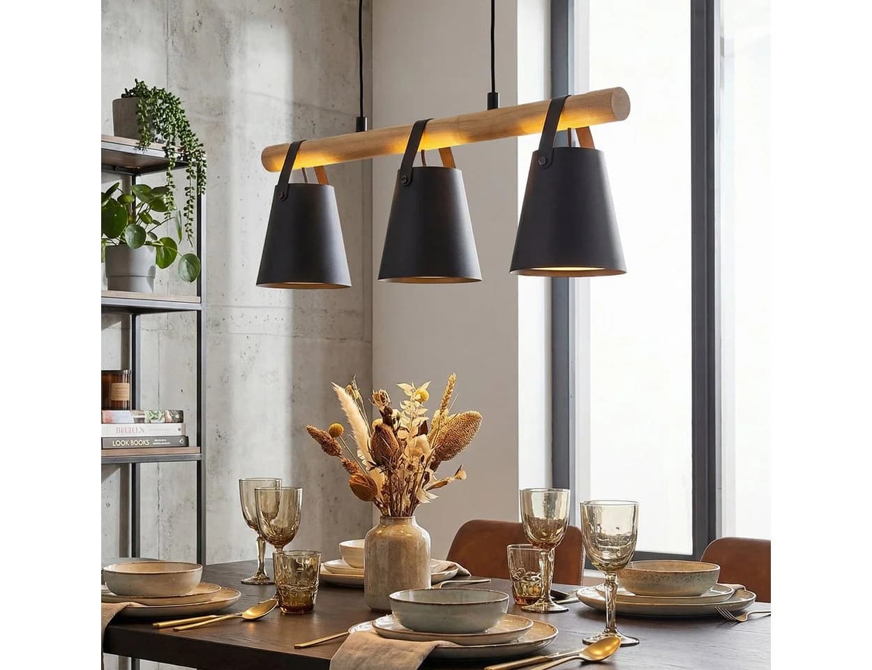 hofstein Hängeleuchte Hängelampe Boho/Retro 3x E27 Schwarz/Natur/Weiß - Bild 3